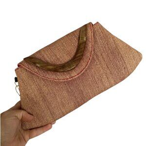 Vintage Inspired Straw Stitch Handheld Clutch Purse Flip Top Boho Wood